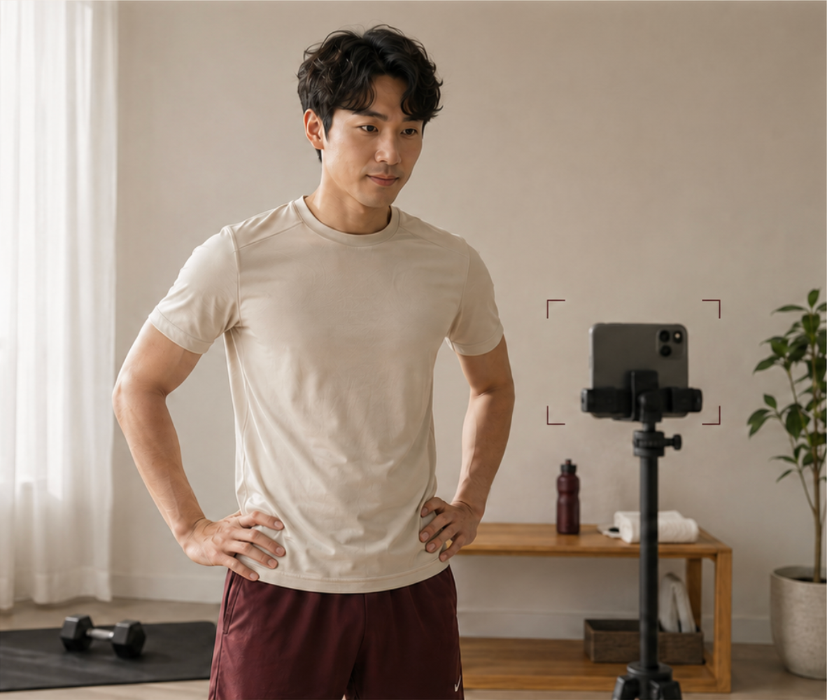 A person preparing to train in front of a phone camera