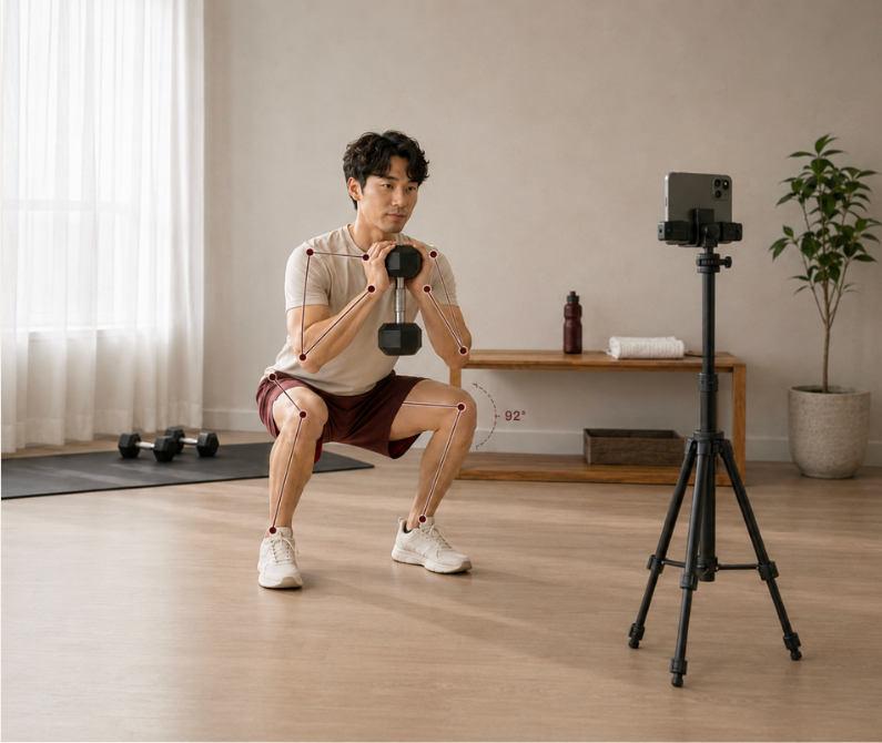 A person receiving live movement guidance while squatting